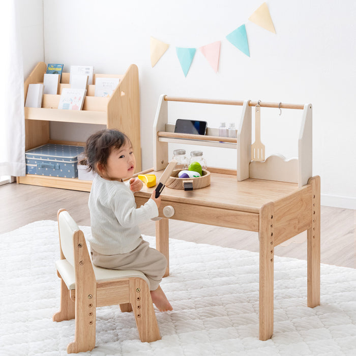 現役ママが考えた キッズデスク チェアセット 上棚付き ままごと 高さ調整 タブレットスタンド〔49600237〕
