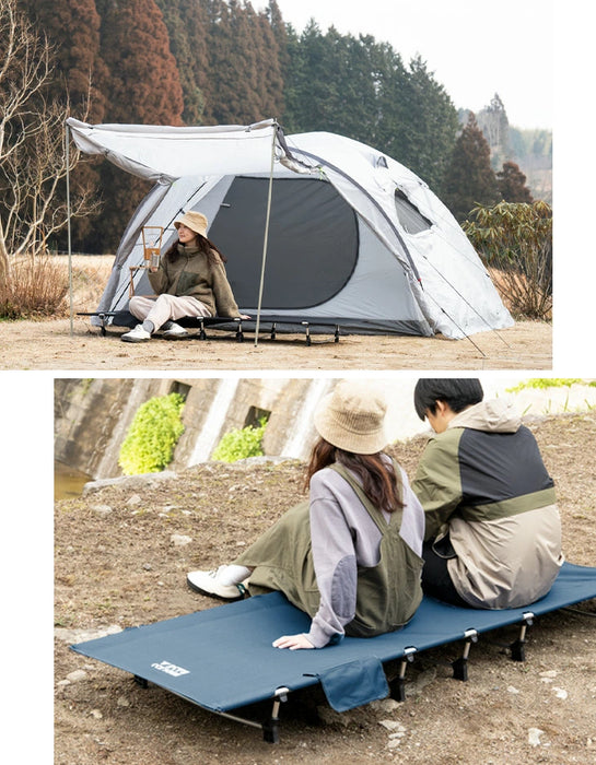 大柄さんでも安心 ワイド設計 アウトドアコット 耐荷重150kg 枕&収納ケース付 頑丈 軽量 アルミフレーム 収納袋 キャンプ用ベッド〔44400050〕