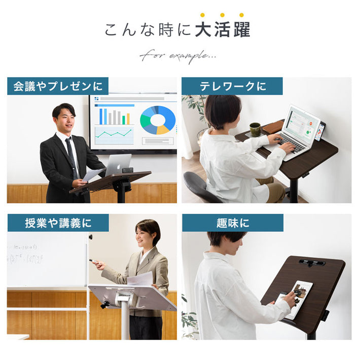 片手でワンタッチ 昇降デスク 角度高さ調整 コンパクト ガス圧式 伸縮 キャスター付き〔45400111〕