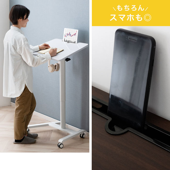片手でワンタッチ 昇降デスク 角度高さ調整 コンパクト ガス圧式 伸縮 キャスター付き〔45400111〕