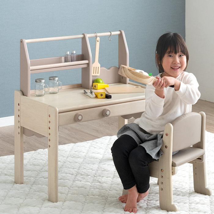 現役ママが考えた キッズデスク チェアセット 上棚付き ままごと 高さ調整 タブレットスタンド〔49600237〕