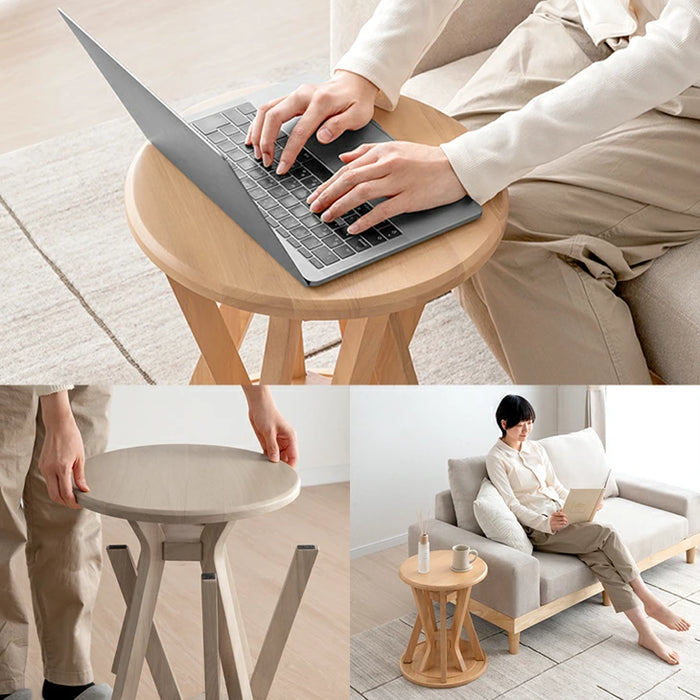 【新発売記念プライス】サイドテーブルになる スツール 2脚セット 天然木 スタッキング円形 北欧〔49600402〕