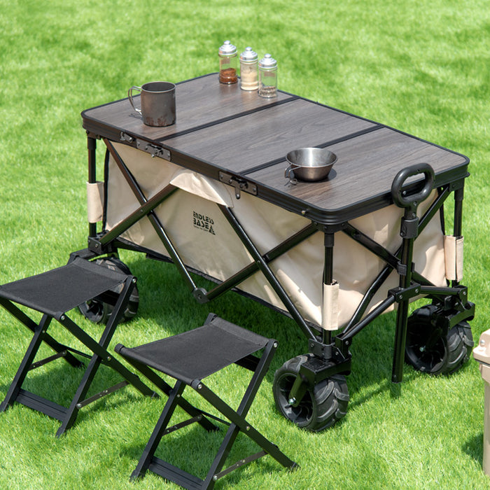 【お得4点セット】キャリーワゴン + テーブル&チェア×2脚 100L 自立式 折り畳み キャリーカート アウトドアワゴン〔75200049〕