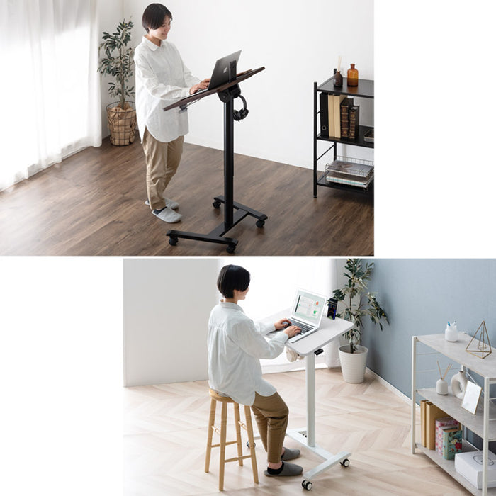 片手でワンタッチ 昇降デスク 角度高さ調整 コンパクト ガス圧式 伸縮 キャスター付き〔45400111〕