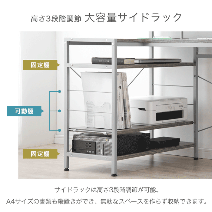 幅120㎝ L字パソコンデスク 棚付き オフィス ディスプレイラック 収納〔56800032〕