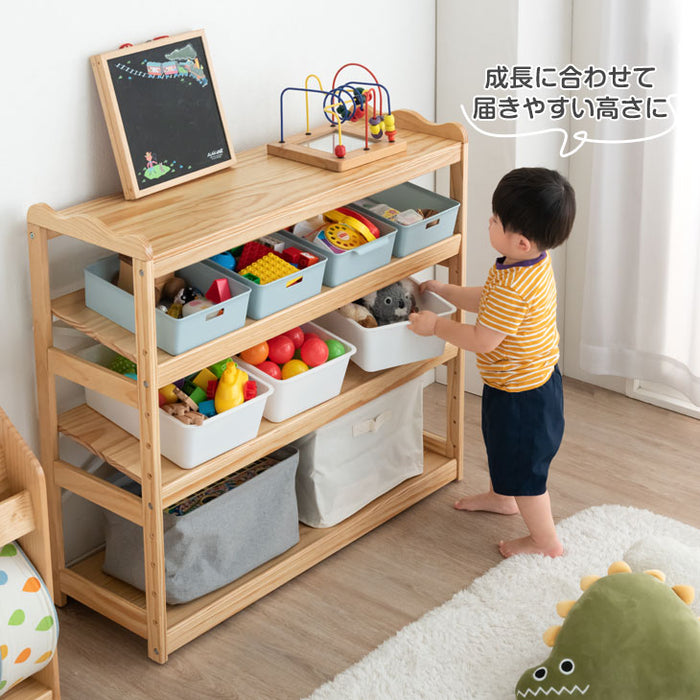 現役ママが考えた ワイド100cm キッズラック 天然木 おもちゃ収納 高さ調節 斜め 4段 大容量〔65200010〕