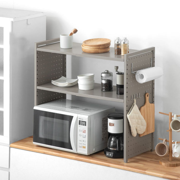 パンチングパネル付 伸縮 レンジラック トースターラック 2段タイプ ペーパーホルダー&フック付〔72600018〕