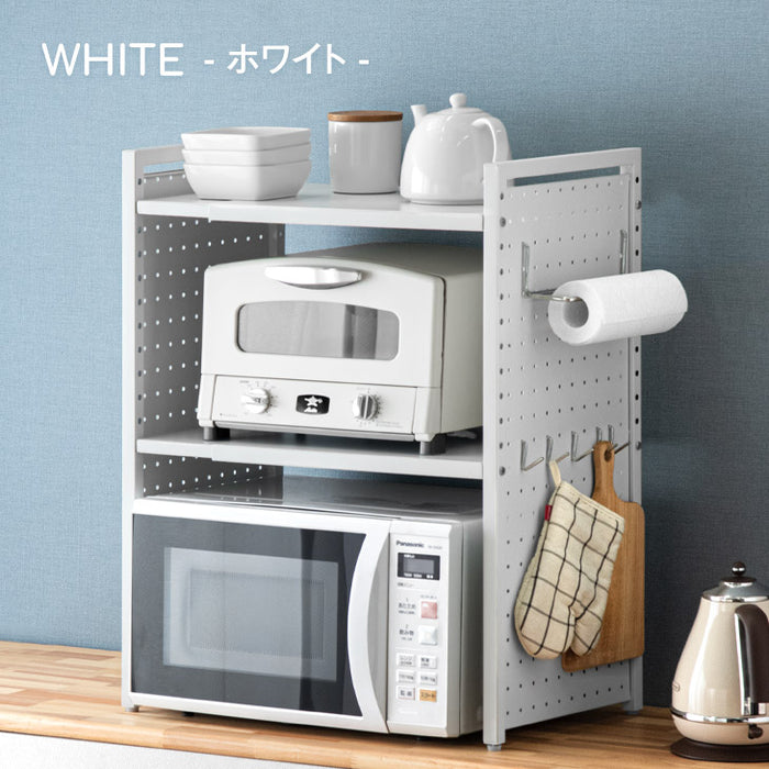 パンチングパネル付 伸縮 レンジラック トースターラック 2段タイプ ペーパーホルダー&フック付〔72600018〕