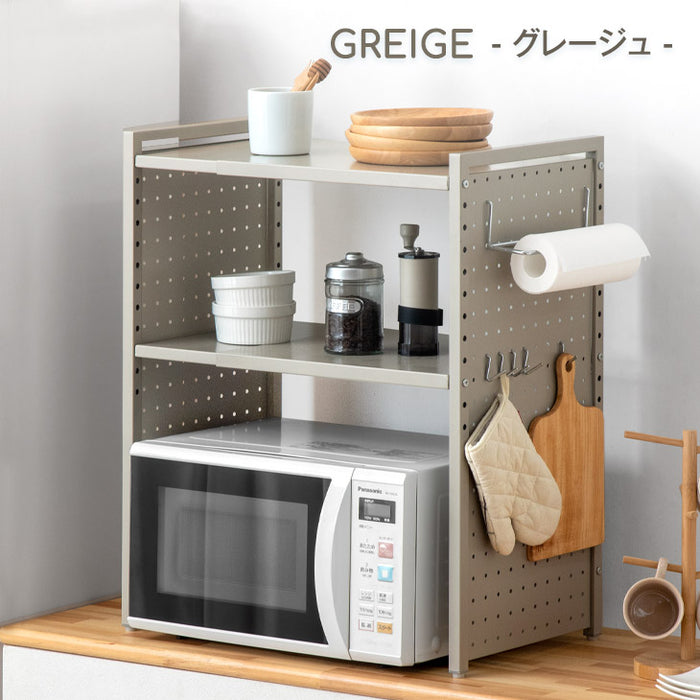 パンチングパネル付 伸縮 レンジラック トースターラック 2段タイプ ペーパーホルダー&フック付〔72600018〕