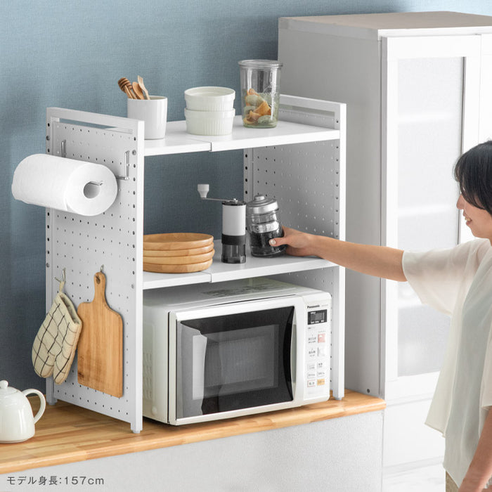 パンチングパネル付 伸縮 レンジラック トースターラック 2段タイプ ペーパーホルダー&フック付〔72600018〕