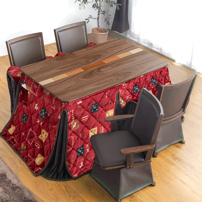 4人掛け 135×85㎝ ダイニングこたつ6点セット 手元コントローラー 回転式チェア4脚 掛布団〔09040101〕