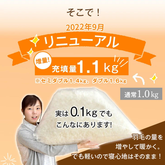 【増量リニューアル】［シングル］羽毛布団 ホワイトダックダウン93％ 立体キルト 日本製 軽量 洗える 暖かい〔10106500〕