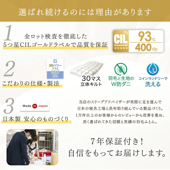 《シリーズ累計40万枚突破》［シングル］羽毛布団 増量1.2kg ホワイトダックダウン93％ 日本製 CILゴールドラベル 30マスキルト 400dp以上〔10119058〕