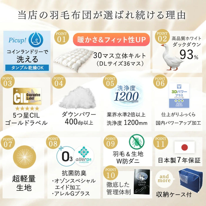 [シングル] 羽毛布団 ホワイトダックダウン93％ 日本製 CILゴールドラベル 30マス立体キルト 400dp以上 アレルGプラス＆洗浄度1200 冬用 ウォッシャブル〔10119003〕