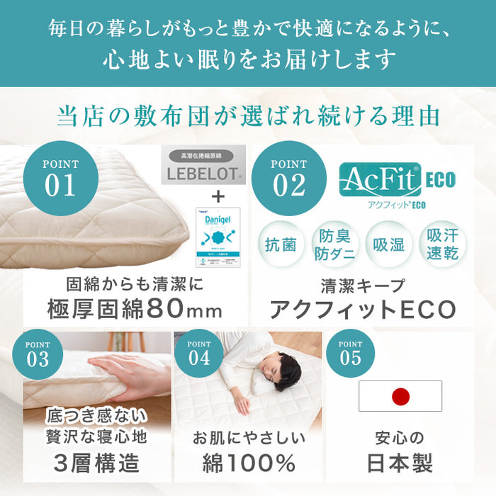 ［シングルロング］日本製 防ダニ・抗菌防臭・布団の芯から清潔に 極厚固綿80ｍｍ 敷布団 日本製 防ダニ 抗菌 防臭 吸汗 速乾[10119320]