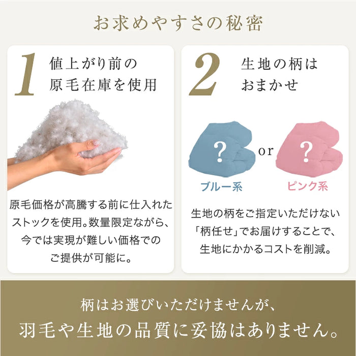 《お宝プライス》［シングル］羽毛布団 洗える ゴールドラベル ダウン93％ 立体キルト 400dp以上 日本製 軽量 暖かい〔11100463〕