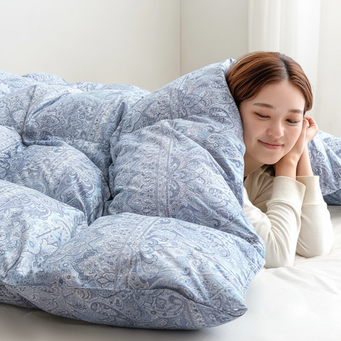 《お宝プライス》［セミダブル］羽毛布団 柄任せ コインランドリーで洗える グースダウン93％ 日本製 収納ケース付き〔11100469〕
