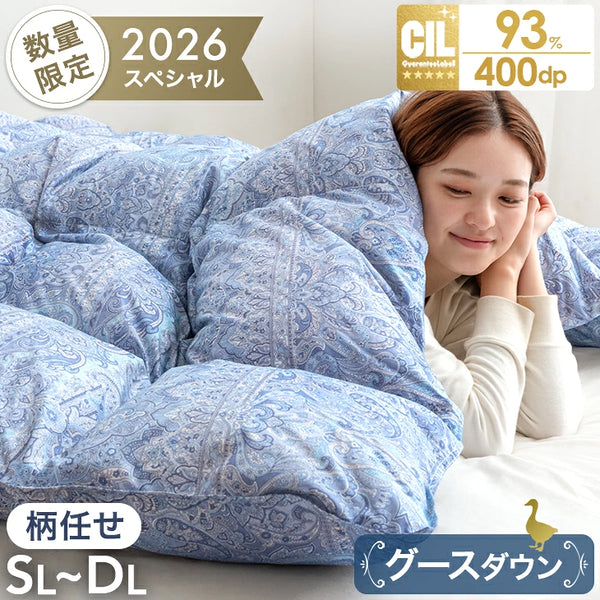 《2026スペシャル》［シングル］羽毛布団 柄任せ コインランドリーで洗える グースダウン93％ 日本製 収納ケース付き〔11100468〕