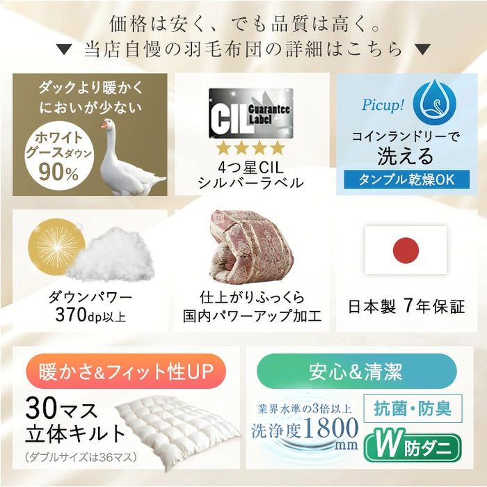 《2026スペシャル》 ［シングル］柄任せ 羽毛布団 グースダウン90％ ハンガリー産 30マス立体キルト コインランドリーで洗える 収納ケース付〔11100471〕