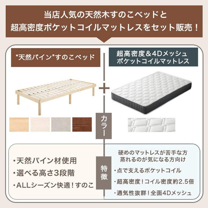 ［シングル］2口コンセント付き ベッド マットレス付き 超高密度コイル ローベッド ポケットコイルマットレス 木製フレーム〔11719322〕