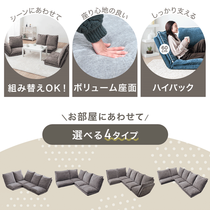 ［3点セット・Bタイプ］ハイバック ローソファ 14段階リクライニング ファブリック生地 ローソファ 座椅子〔15210200〕