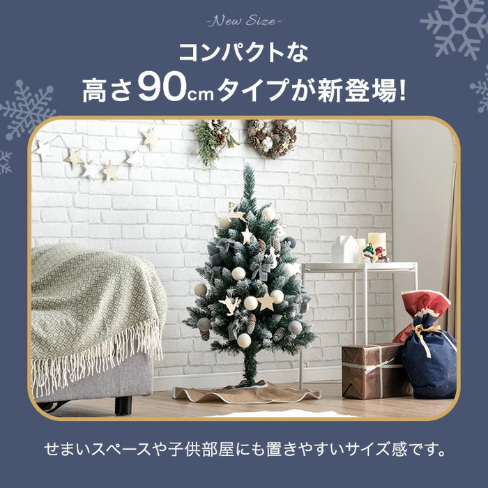 オーナメント&ライト付 クリスマスツリー 90cm LED 雪化粧 クリスマス ツリー ツリーセット おしゃれ 冬 プレゼント用〔16900018〕