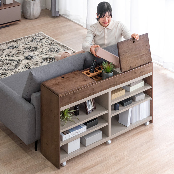 ソファバックシェルフ 国産 完成品 天然ひのき 幅120cm 可動棚 キャスター 収納付き 背面収納 〔17100088〕