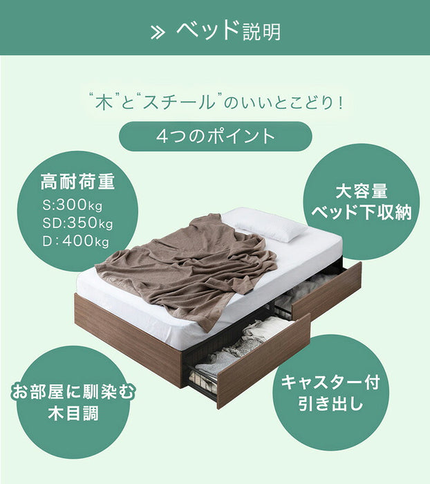 ［シングル］収納付きベッド マットレスセット ポケットコイル フレーム頑丈 スチール 引出し付〔17620043〕