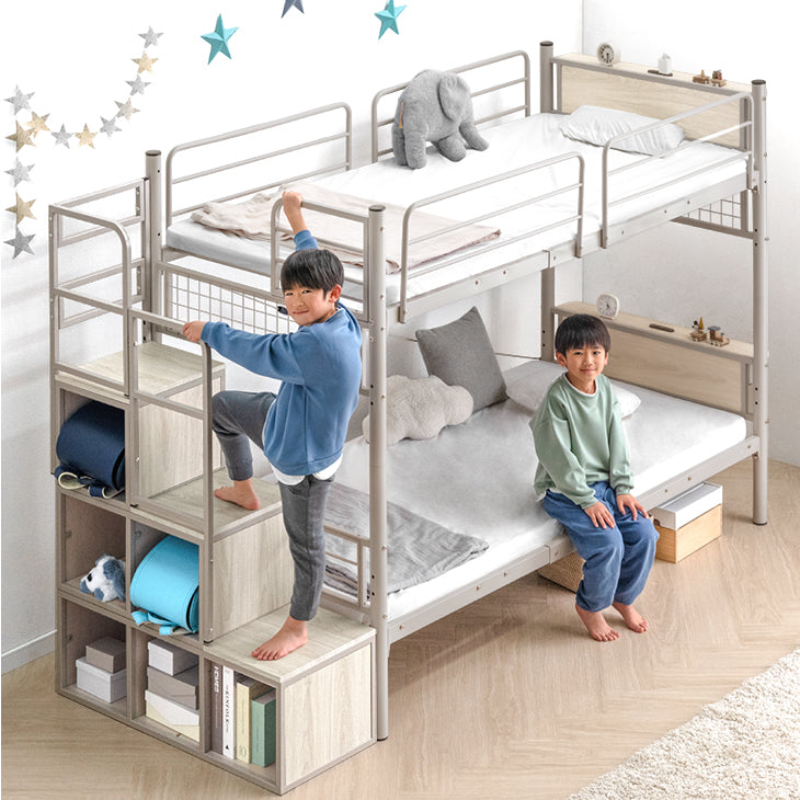 ロフトベッド階段式 スチール製 黒 宮&2口コンセント ロフトベッド階段