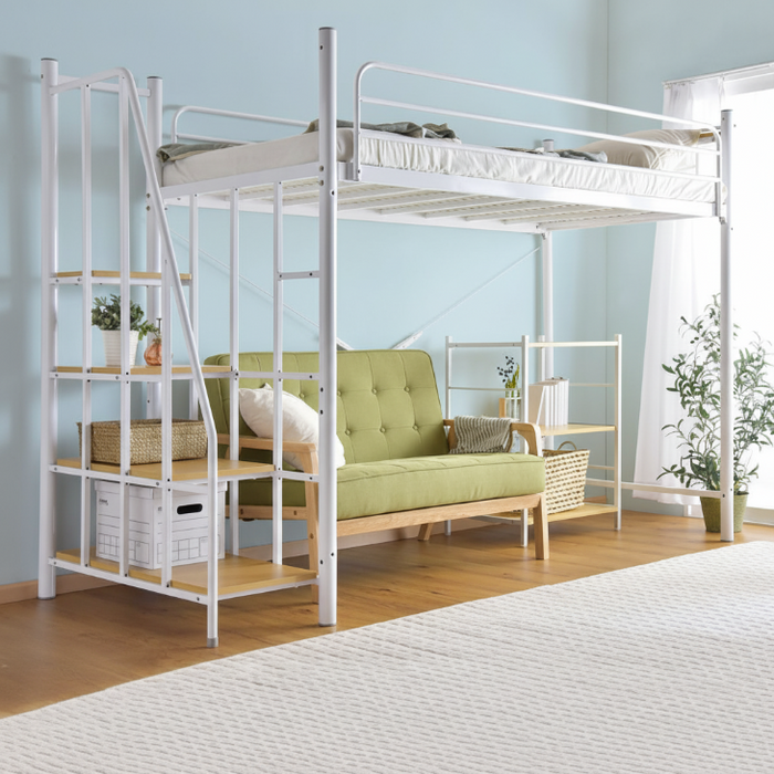 宮付き ロフトベッド パイプ 階段 コンセント付 ハイタイプ 【超大型商品】〔17710035〕