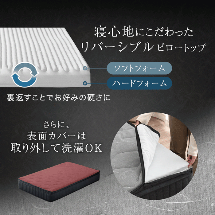 【新発売記念フェア】[ダブル] 選べる寝心地！ 硬さ調整 ピロートップ マットレス 抗菌 防臭 リバーシブル ポケットコイル 〔17810143〕