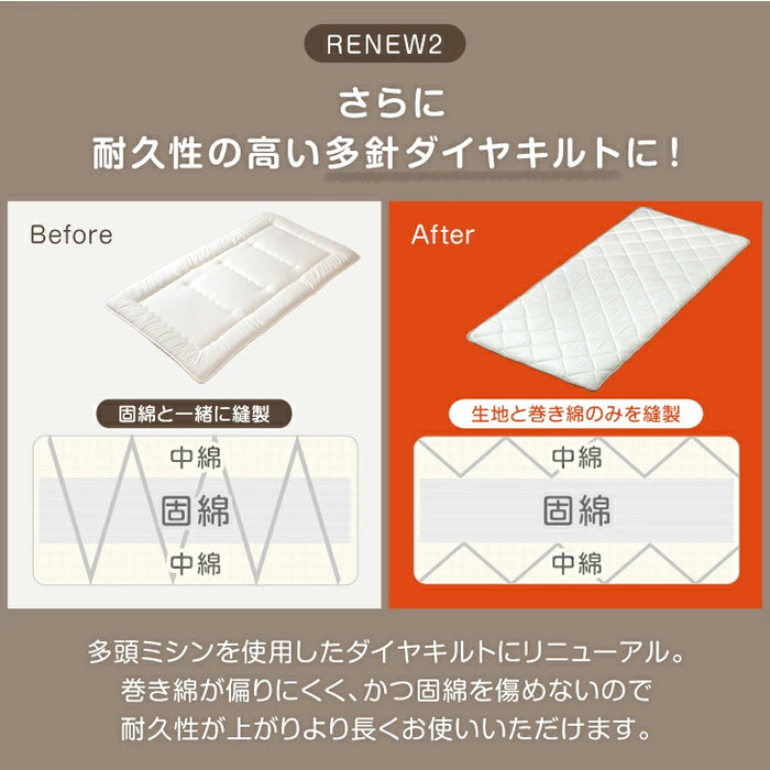 ［2枚セット］RENEW ベッドにぴったり 国産 3層敷布団 コンパクト 羊毛混 綿100％ 抗菌 防臭 小さめ 日本製 軽量 3層 2段ベッド用〔18510034〕