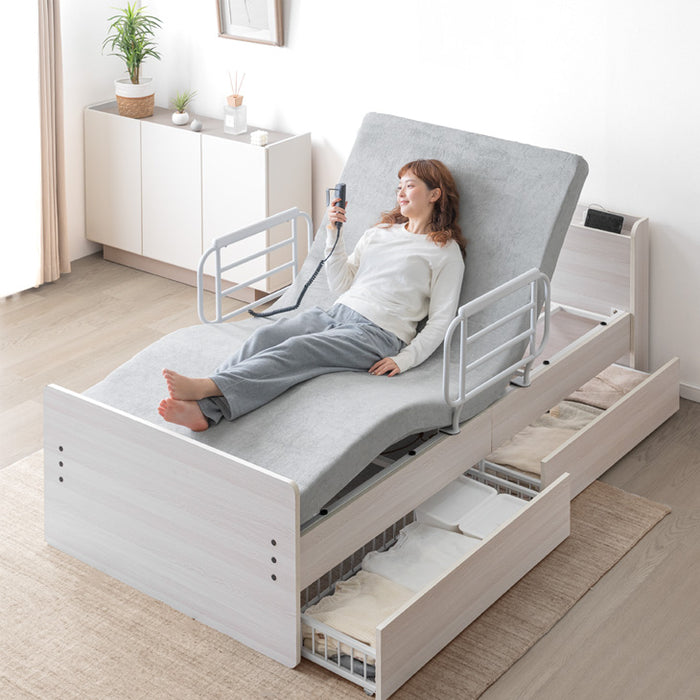 【新発売記念プライス】電動ベッド ウレタンマットレス付 左右変換OK 手すり 引き出し付き 高さ調整 木製【超大型商品】〔99900220〕