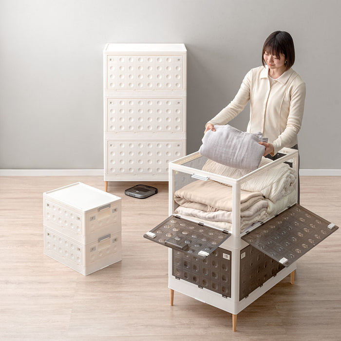 【新発売記念プライス】〔3段・30L〕5面開閉 収納ボックス お掃除ロボ対応 木脚 & キャスター付き 折りたたみ 〔99900770〕