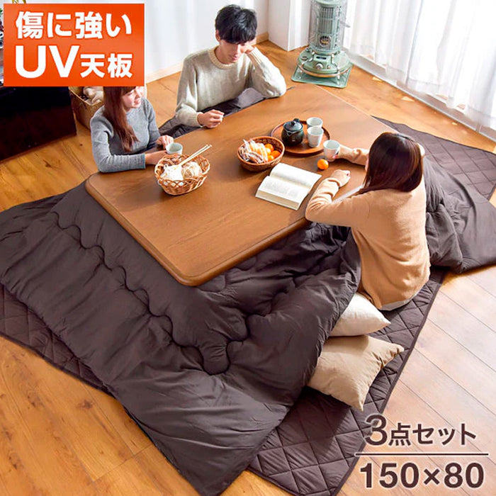 [3点セット] [幅150×奥行80cm] こたつテーブル＋掛け・敷布団 石英管ヒーター 傷に強いUV天板 1年保証【超大型商品】〔68140098〕