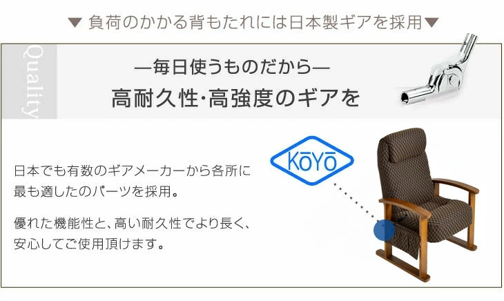 [一人掛け] リクライニングチェア 木製レバー式  高座椅子 ポケット付き  肘付 〔21300134〕