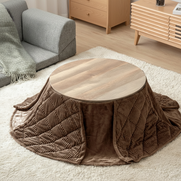 2点セット］こたつ テーブル 掛布団付き 円形 木目調 300W 石英管