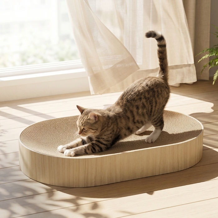 ［2個セット］とぎカスが出にくい 爪とぎ付 ベッド 高耐久 木目調 猫爪とぎ 段ボール 猫用品 すり鉢型〔00100791〕