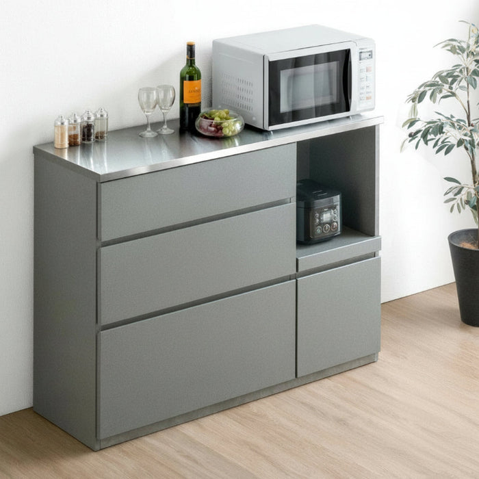 [幅120] 日本製 キッチンカウンター ステンレス天板 完成品 食器棚 ステンレス キッチンボード レンジ台【玄関渡し】【超大型商品】〔24900060〕