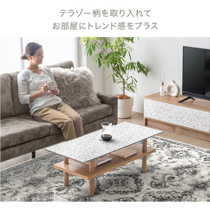 【新発売記念プライス】国産 センターテーブル テラゾー柄 幅105cm ロータイプ 長方形 日本製 ローテーブル〔24900119〕