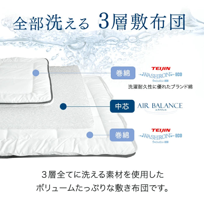 [シングル] 全部洗える 敷布団 100×200cm 3層 通気性 帝人 ウォシュロン (R)  高反発敷き布団 テイジン〔26700105〕
