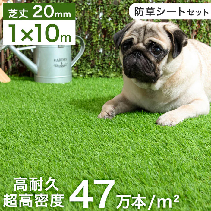 [1m×10m] 超高密度 人工芝 高耐久 防草シートセット 芝丈20mm 人工芝ロール U字ピン24本付 ガーデン ドッグラン〔50900090〕