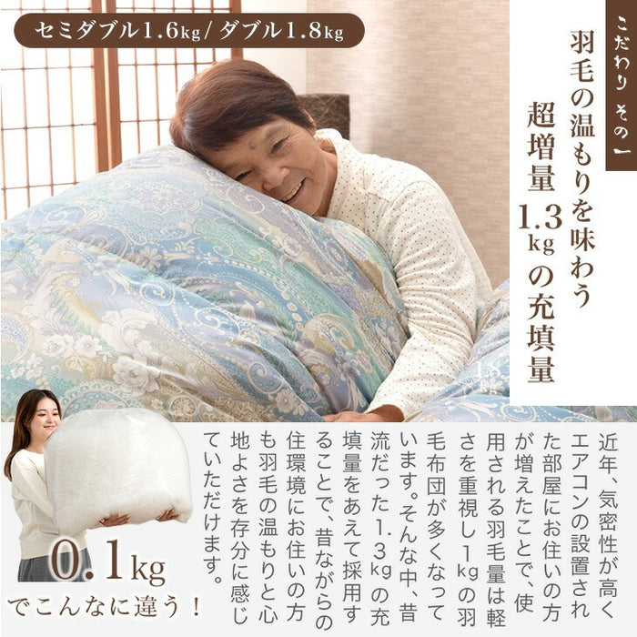 [セミダブルロング] 75才以上のばあちゃんと開発“祖母の羽毛布団” ばあちゃん新聞 ホワイトダックダウン93% 二層キルト 60サテン 面100% ハードケース付 日本製 洗える 400dp以上〔11156738〕