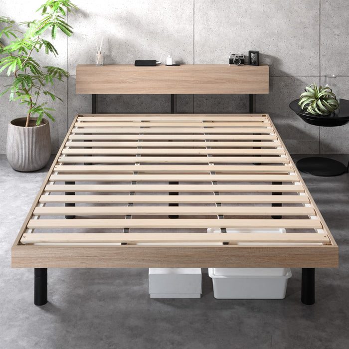 ［シングル］RENEW 宮棚付きベッド 高さ調節OK 2口コンセント付 ベッドフレーム すのこベッド おしゃれ〔49600140〕