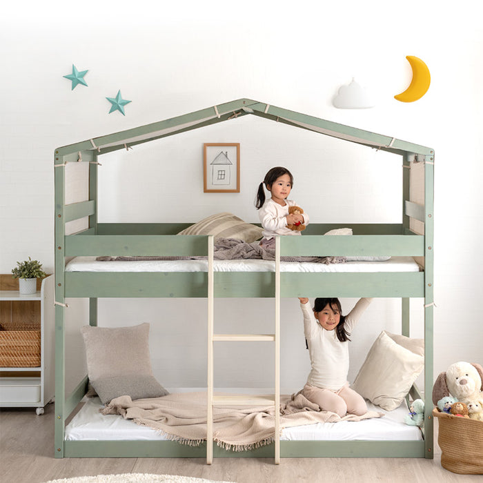 【新発売記念プライス】 屋根付き 二段ベッド 天然木 垂直はしご 角丸設計 北欧 キッズベッド【玄関渡し】【超大型商品】〔49600386〕