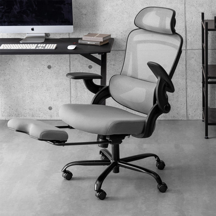 オフィスチェア フットレスト付 ランバーサポート付 ロッキング機能 ハイバック 肘付き 高さ調節 メッシュ チェア 椅子〔31500047〕