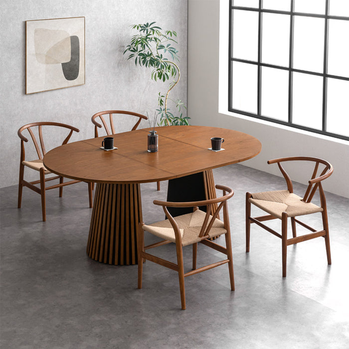 ［幅120-180cm］伸長式 ダイニングテーブルセット 5点セット 4人掛け 円形 木製 格子脚 北欧 【玄関渡し】【超大型商品】〔99901310〕