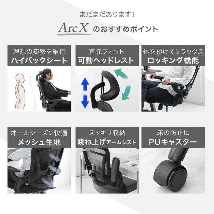 オフィスチェア ランバーサポート付 ロッキング ヘッドレスト ハイバック 肘付き 高さ調節 メッシュ チェア 椅子〔31500046〕