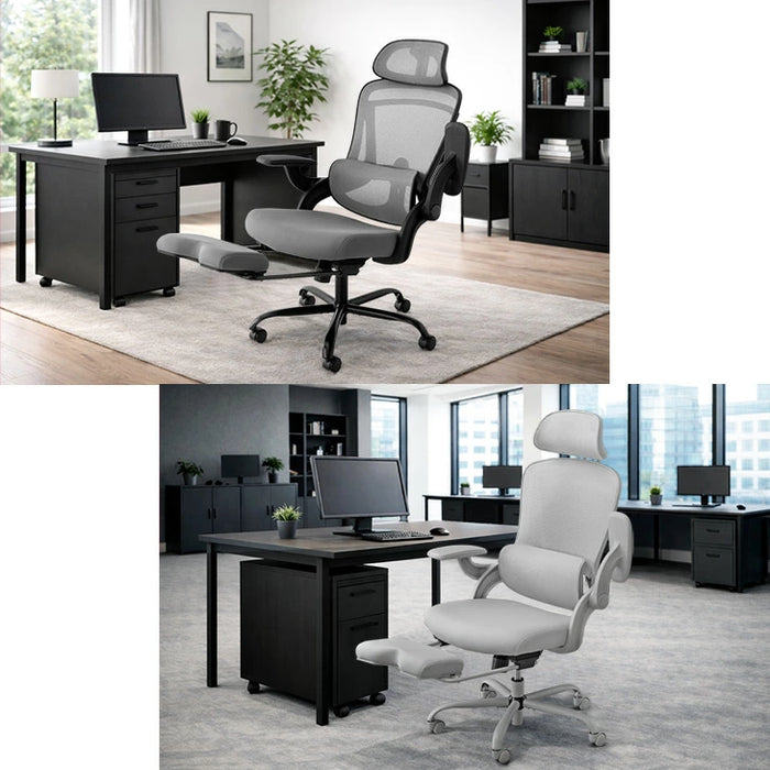 オフィスチェア フットレスト付 ランバーサポート付 ロッキング機能 ハイバック 肘付き 高さ調節 メッシュ チェア 椅子〔31500047〕