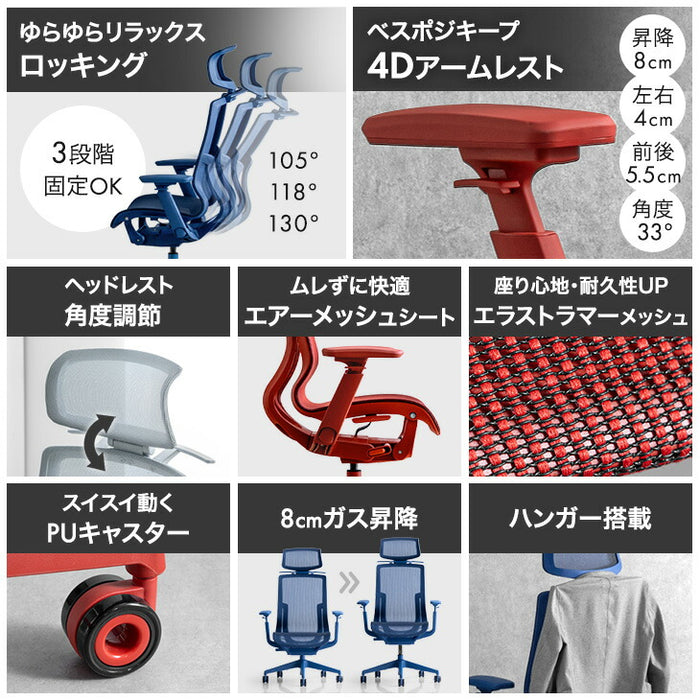 オフィスチェア ワントーンデザイン ハイバック 4Dアームレスト  ロッキング3段階固定 ヘッドレスト〔31500061〕